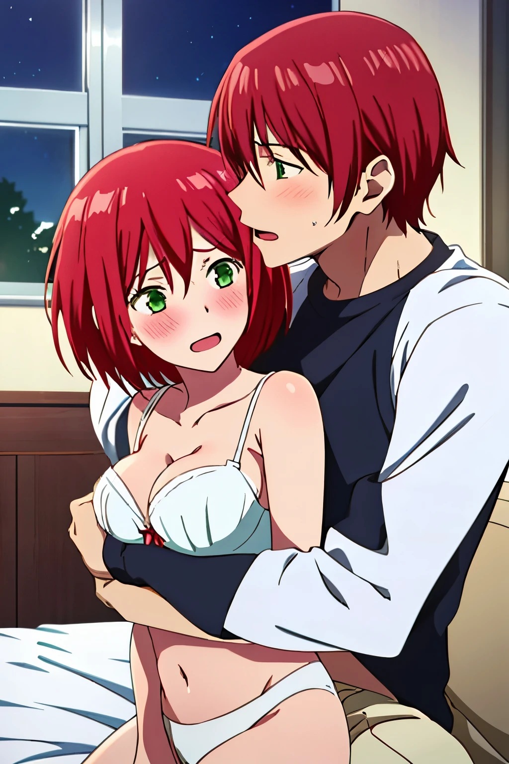 1boy, blsck hair, boy is behind girl, breast grope from behind, grab chest ,1girl, red hair, blush, naked, white bra, white, cute, love, couple, adorable, dating, open mouth 😩, green eyes, open eyes, indoors, night, passionate hug, lie on bed