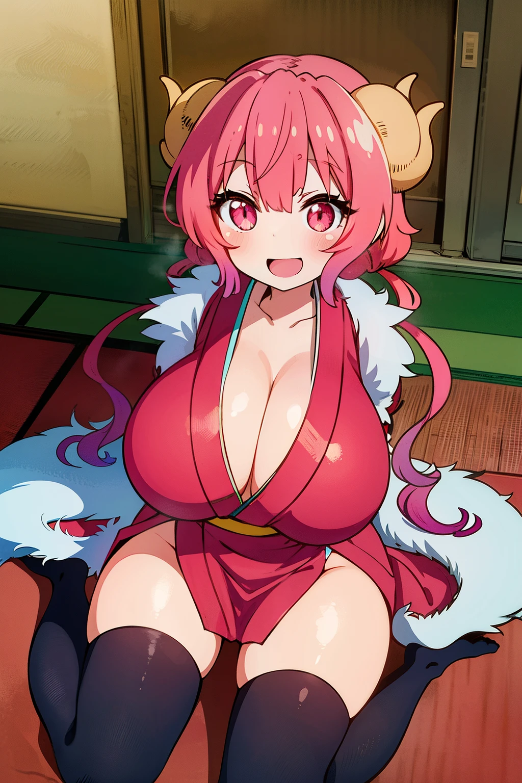 nsfw, masterpiece, perfect lighting, best quality, perfect eyes, absurdres, 8k, (absurdres), sitting, wariza, (from above), (from front), 1girl, (huge breasts:1.3), cleavage, ilulu_maiddragon, red hair, red eyes, twintails, long hair, horns, smile, ;D, looking at viewer, fur, (pink kimono:1.2), thighhighs, upper body, tails, traditional japan, japan architecture