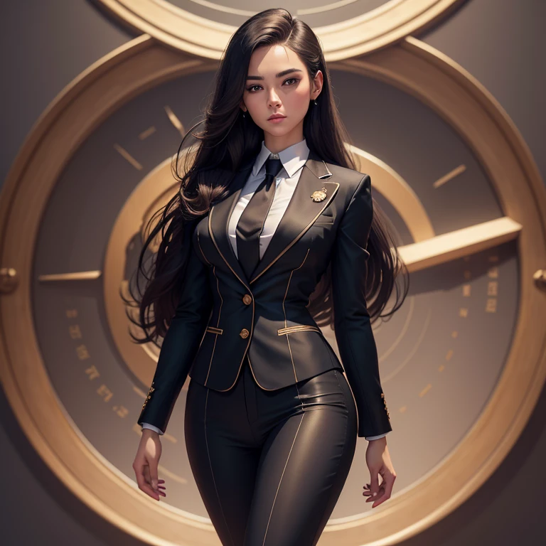 (masterpiece,High quality,Top quality,super detail, best quality ,)hair detail ,skin details,body details,facial details,full-body view,1 women,beautiful,wearing a suit,back compass,