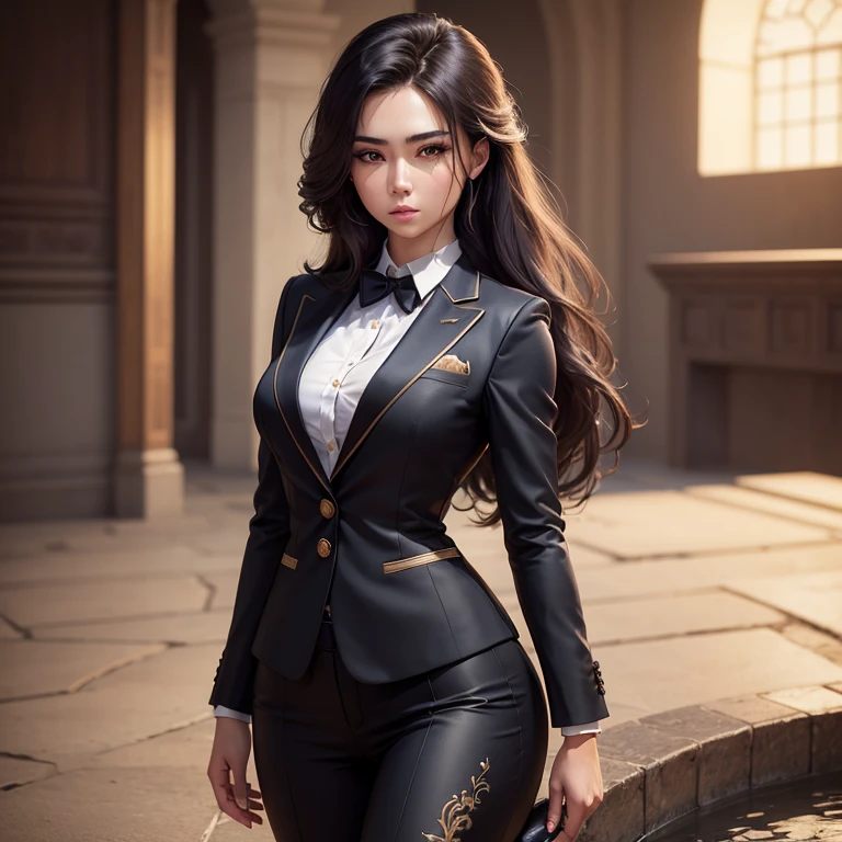 (masterpiece,High quality,Top quality,super detail, best quality ,)hair detail ,skin details,body details,facial details,full-body view,1 women,beautiful,wearing a suit,back compass,