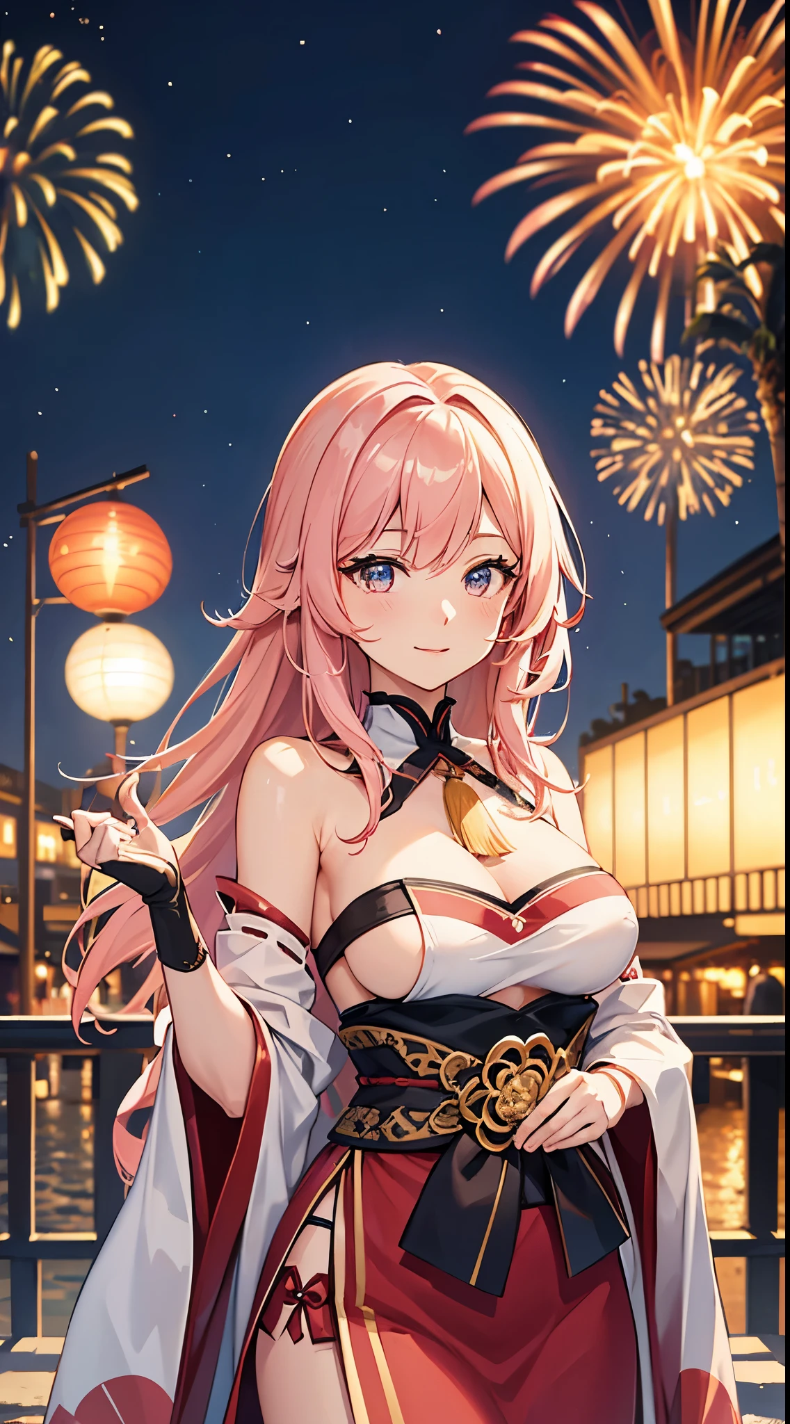 portrait,landscape,painting,illustration,yae miko, sleeves separated, strapless, (sideboob:1.45), pink hair, long hair, Japanese clothing,festive atmosphere,grand fireworks display in the night sky,sparkling fireworks,mesmerizing colors,romantic ambiance,futuristic skyscrapers,tall buildings,reaching towards the sky,glowing neon lights,amazing architectural design,twinkling stars,celebration of the new year,overwhelming sense of excitement,magical moment,inspiring and artistic composition. best quality,4k,8k,highres,masterpiece:1.2,ultra-detailed,realistic:1.37,