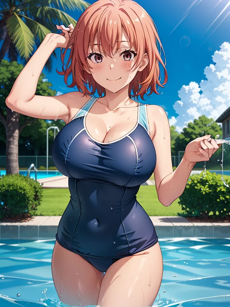 ((masutepiece, Best Quality, hight resolution, nffsw, Perfect Pixel, depth of fields, 4K, )), 1girl in, Solo, Lori, Beautiful anime girl, Beautiful Art Style,
close up, Looking at Viewer,
Perfect body,
Yuigahama Yui, Short hair, (large boob),
Full face blush, Smile,
(dark blue school swimsuit:1.3),
thighs thighs thighs thighs, cleavage,
Sweat, Wet hair, Wet body,
Pool, Summer,
Leading Ahead, Upper Eyes, From above