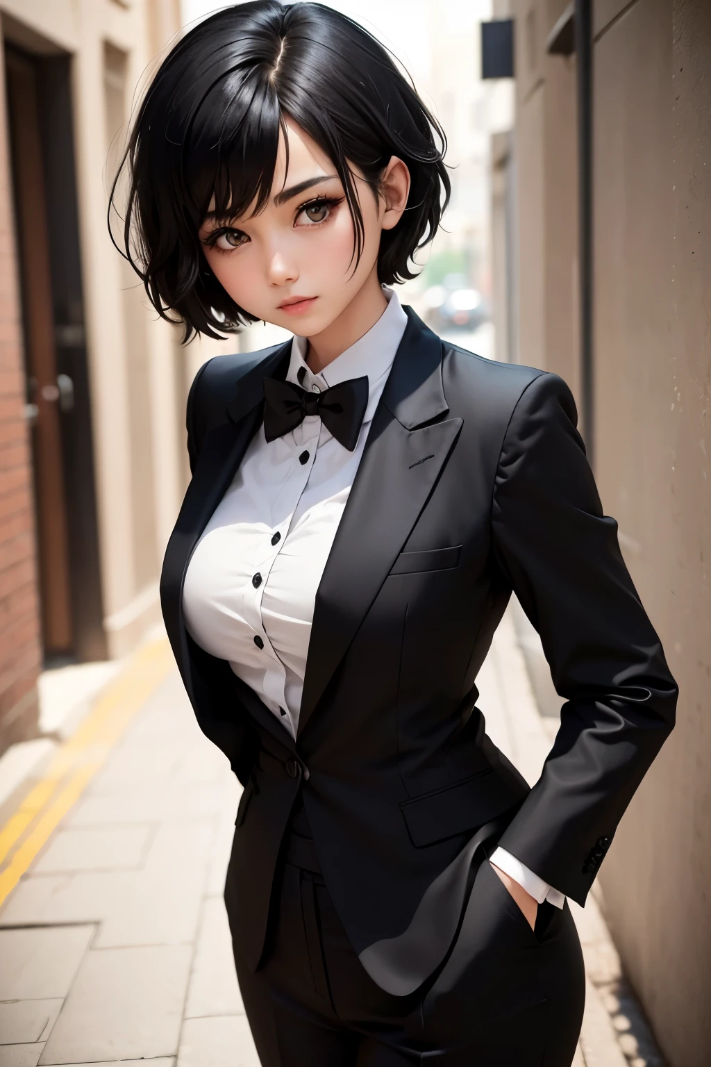 cute girl, Short black hair, wearing a black formal suit