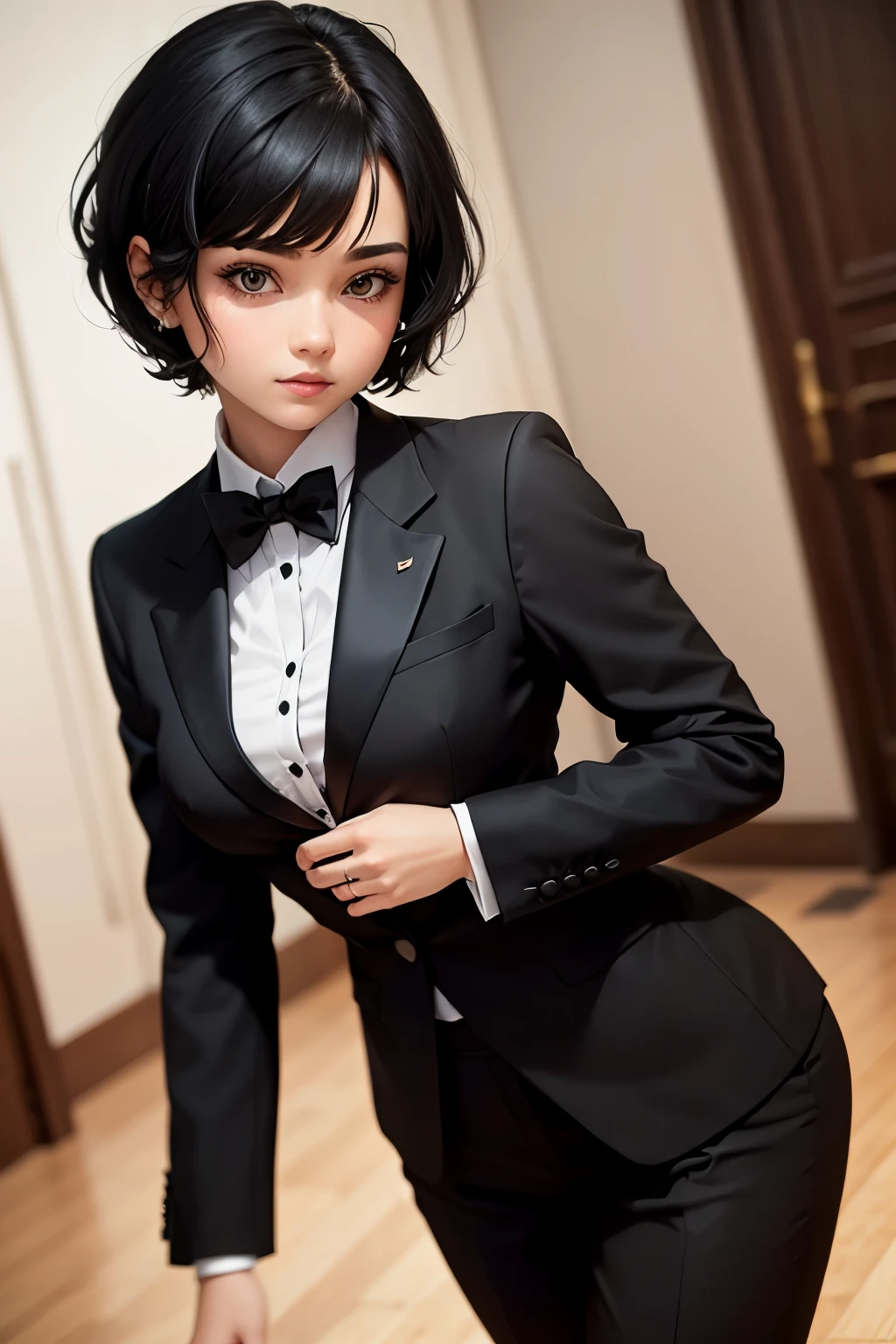 cute girl, Short black hair, wearing a black formal suit
