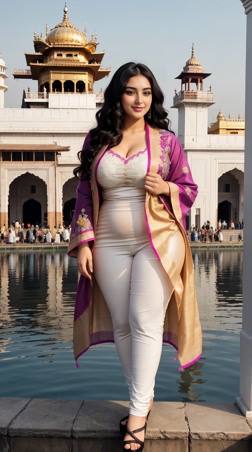 Saira Banu 27 years old beautiful different cute Indian face Indian girl, big bulky m-cup breast, curvy plus size body hour glass figure, Japanese Waves Designs Embroidery different colorful Kurta with Pashmina Shawl , Wearing a premium Japanese Waves Designs Embroidery Banarasi Kurta with Pashmina Shawl, different hairstyle, bright eyes, thin eyebrows, fair skin, blushing cheeks, head to thigh view, smiling face, ultra realistic skin texture, Straight front view standing, beautiful different Golden Temple, Amritsar, Punjab background, ultra realistic, head to thigh view, black hair, Provocative eye Contact, glossy lipstick, attractive eye contract face, big bulky breast, lighting shadows effect