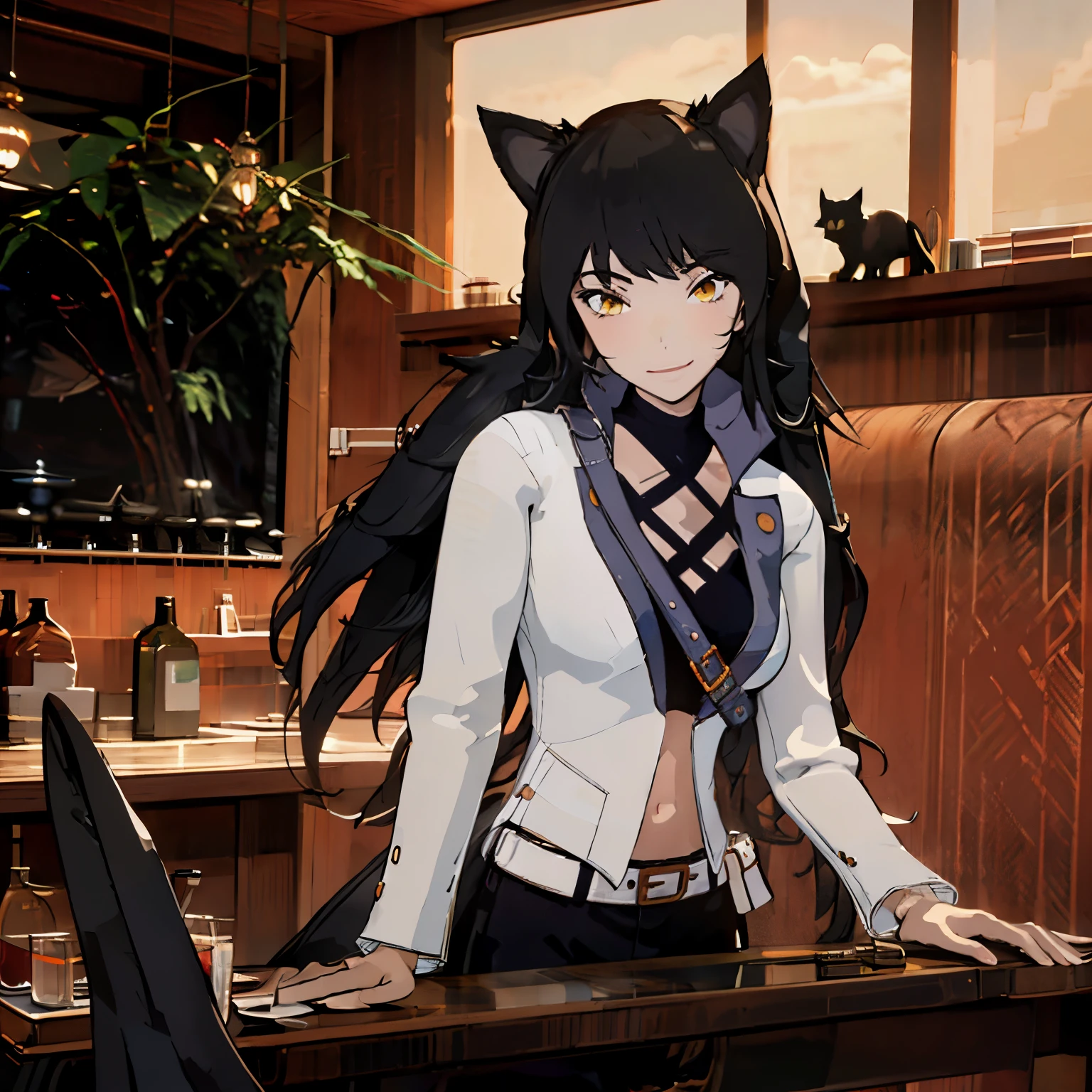 belladonna、Cat's ears、1girl in、独奏、length hair、middlebreasts、A dark-haired、yellow  eyes、A smile、is standing、dynamicposes、8K、​masterpiece、top-quality、absurderes、perfect anatomia、cowboy  shot､White shorts､Sleeveless High Neck White Crop Shirt､One Button Tail Black Vest､Black Low Heel Boots､Stockings with gradient from black to purple