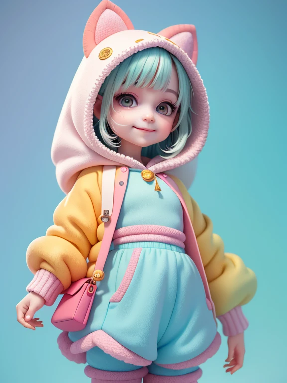 (masterpiece), (top-quality), (ultra-detailliert), (full bodyesbian: 1.2) Beautiful and cute , small dragon next to,circus theme, hoods, Colorful sweatshirts, Knitted jumpsuit, Pants, jaket, blouse, Clear smile, full bodyesbian, :3, Pastel tone background , Colorful and simple.