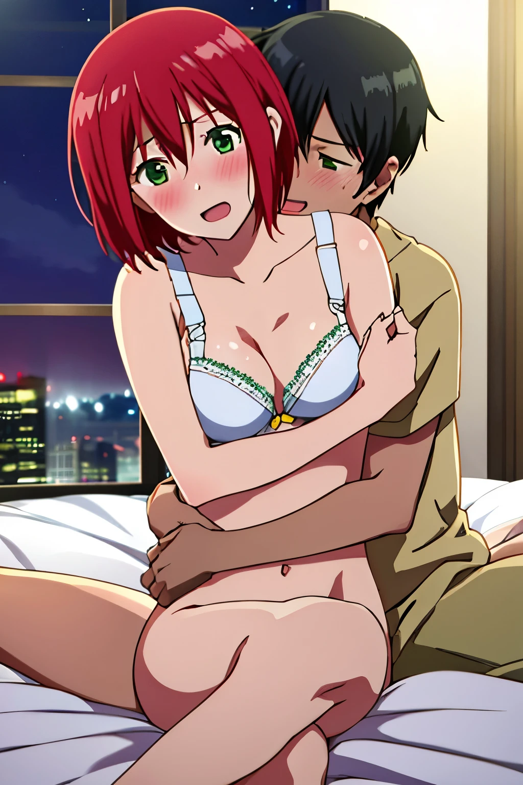 1boy, black hair, boy evil smile, boy is behind girl, breast grope from behind, grab chest, 1girl, red hair, blush, naked, white bra, white, cute, love, couple, adorable, dating, open mouth 😩, green eyes, open eyes, indoors, night, passionate hug, lie on bed