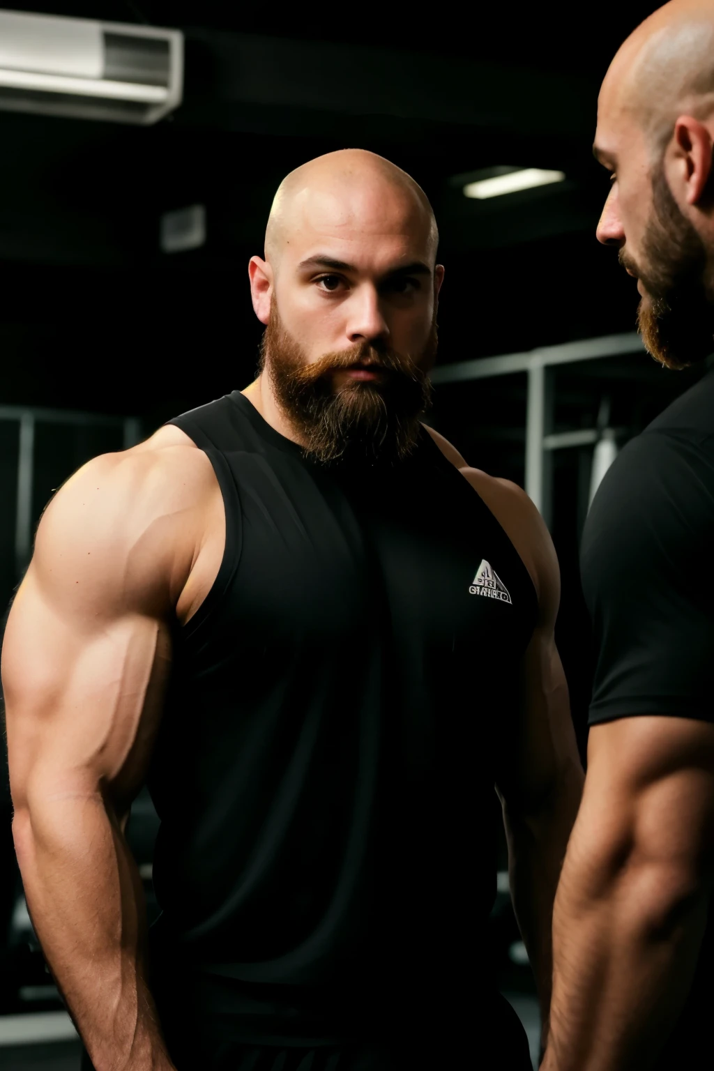 A bald man with a medium-sized, well-groomed beard is at the gym. He has a muscular appearance, but not overly strong, as if he is teaching someone something. The gym is dark, with a somber atmosphere and neon contrasts, which illuminate some details. The scene conveys a sense of focus and determination.