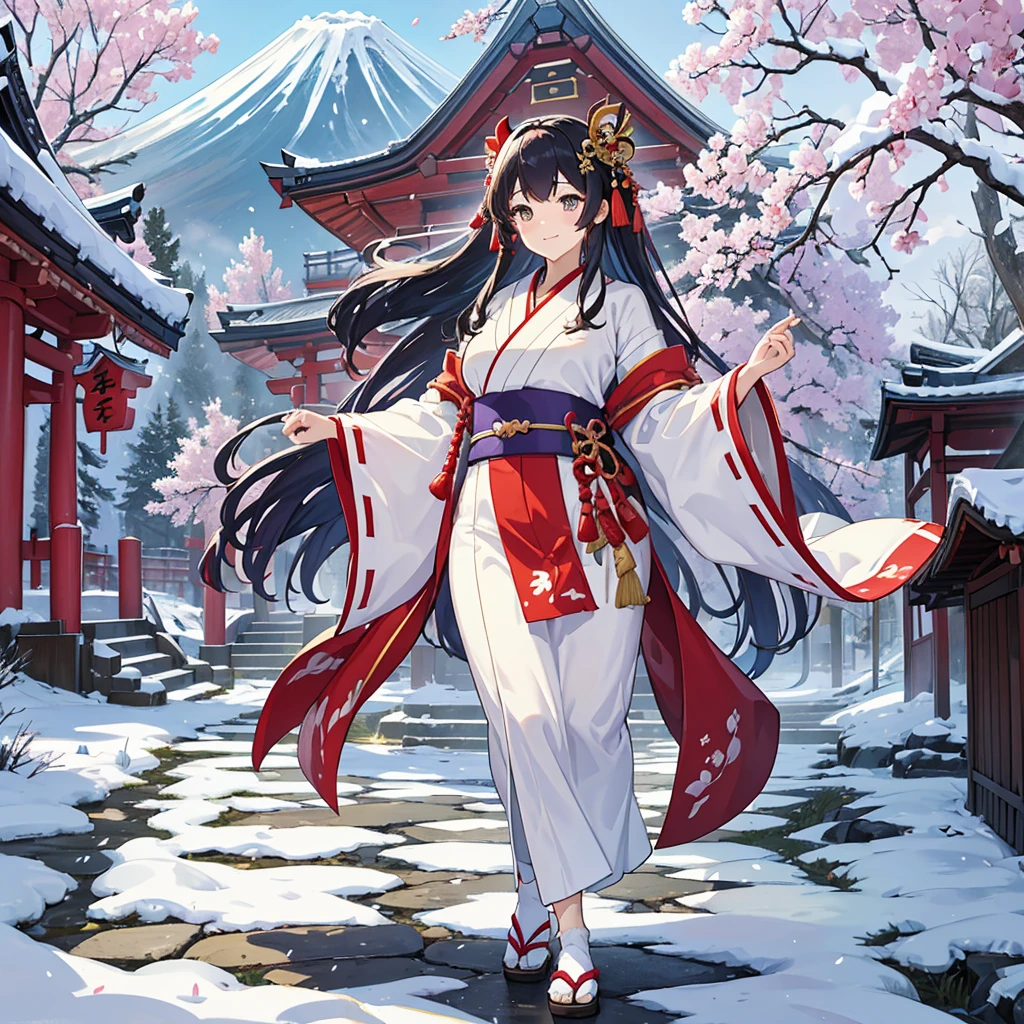 (The first number is Mt Fuji, the second is a big hawk, and the third is an big eggplant, all of which display New Year's congratulations:1.6), (She holds an eggplant in her hand, A big hawk is flying in the sky, In the background is a snow-covered Mt fuji:1.4), Facing forward, Main subjects: Rising dragon and shrine maiden, Bright lighting, Sub subjects: Dancing shrine maidens, Character nationality: Japanese, Character pose: Performing a dance, Character features: Beautiful, Character expression: Joyful and blessed, Character hairstyle: Traditional shrine maiden hairstyle, Character hair color: Black, Character outfit: Traditional shrine maiden attire, Character eyes: Elegant gaze, Character mouth: Smiling, Character eye color: Brown, Character skin texture: Smooth skin, Character skin exposure: Modest exposure, Character bust size: Natural size, Character age: Young, Character body type: Graceful, Character sexuality: Gentle charm, Character accessories: Sacred accessories, Character items: Holding a dance fan, Character footwear: Traditional shrine maiden's sandals, Character embroidery: Delicate embroidery, Surrounding animals/pets: Calm dragon, Location: Shrine precincts, Background: New Year's atmosphere, Background effects: Petals swirling in the air, Background buildings/structures: Traditional shrine, Background natural elements: Blue sky and plum blossoms, Weather: Clear, Time of day: Day, Atmosphere: Sacred and celebratory, (The background is rich and delicate)