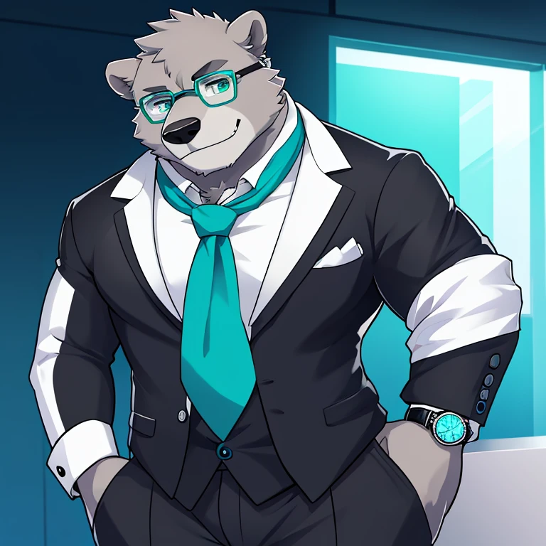 Grey grizzly bear with teal eyes glasses with a watch. Wearing a White undershirt black suit and a cyan ascot