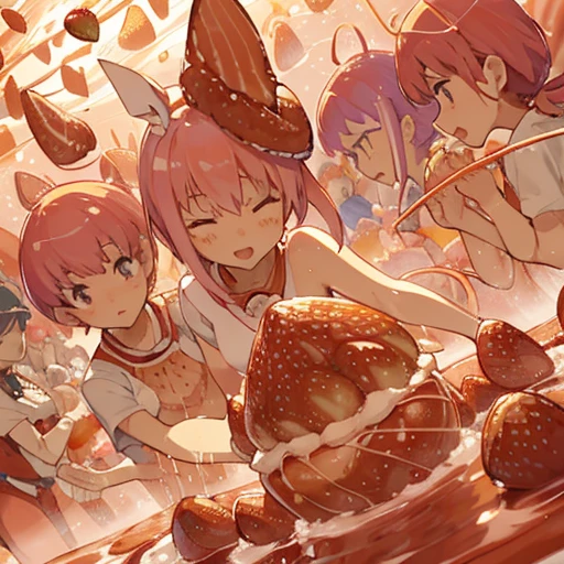 pink hair, short twintails, hair bobbles, star hair ornament, asymmetrical bangs, short hair, pink-framed eyewear, purple eyes,, (wearing nothing:2),cooking, empty eyes, ICE CREAM, large breasts, solo, pool, sea, , blue sky, , nipple