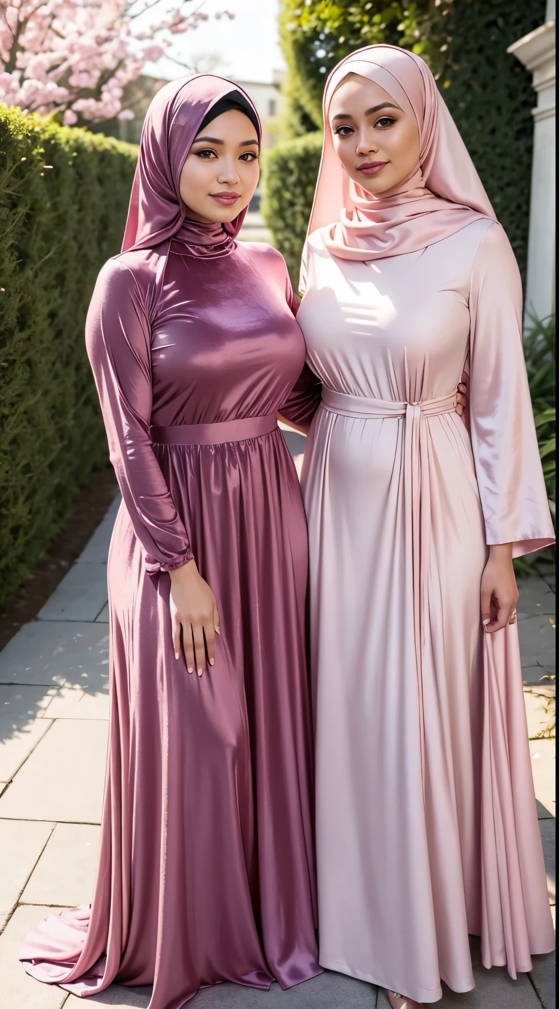(Close up), RAW, Best quality, high resolution, masterpiece: 1.3), two beautiful Malay woman in hijab,Masterpiece, perfect fit body,big breast, big gorgeous eyes, Soft smile,two women in long dresses standing next to each other, beautiful silky dress, light pink tonalities, sleek robes, in long pink or violet dresses, soft silk dress, silk dress, beautiful soft silky dress, standing and posing elegantly, elegant evening gowns!, ombre velvet gown, wearing an elegant dress, shades of pink, pastel', beautiful shades , she is smiling,Delicate turtleneck, afternoon walk, City garden, Excellent lighting, Bright colors, Clean lines