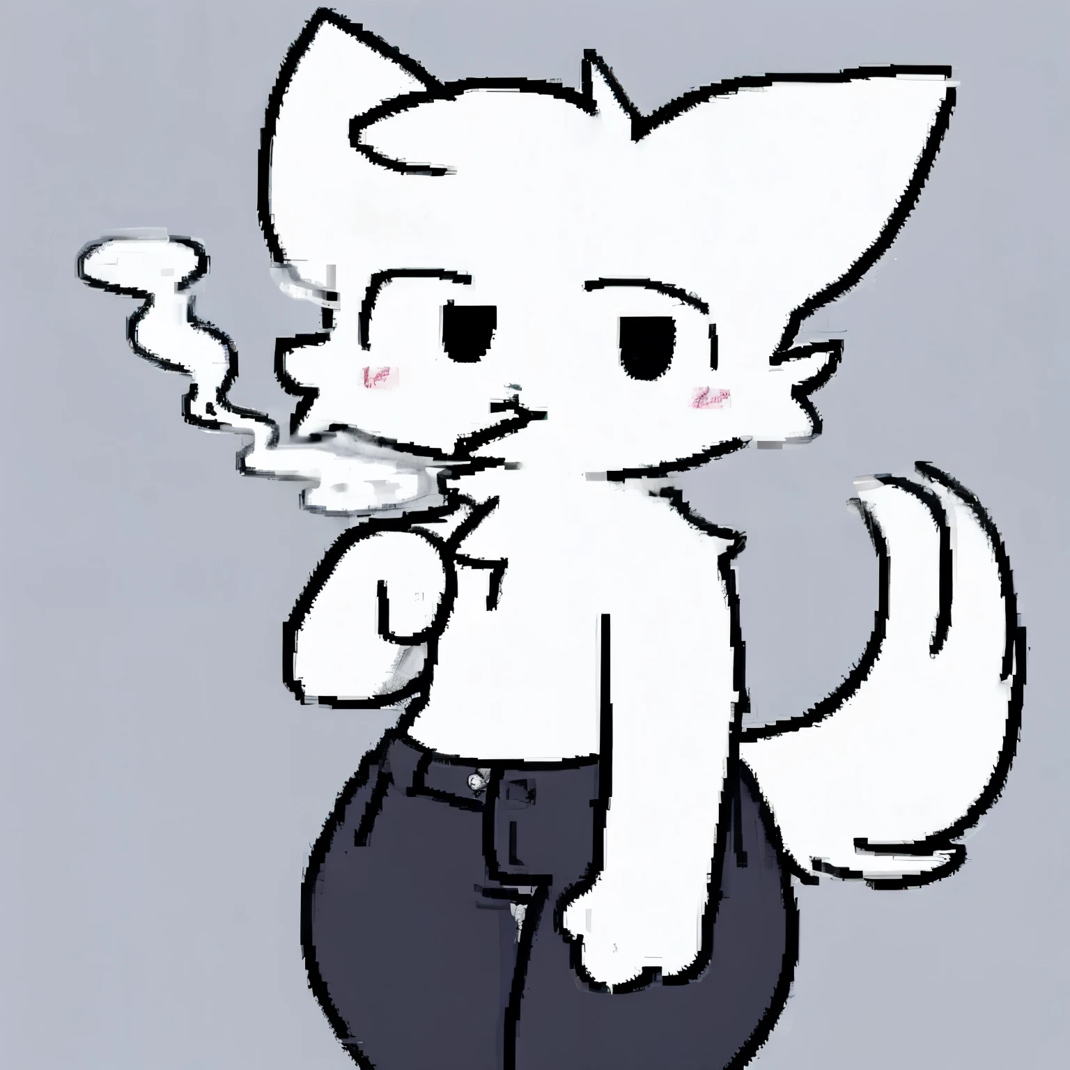White fur, cat, anthro, furry, solo, simple art ,male chest,thin, hands behind on chest, black pants, black suit, office suit, cute,( wide hips:0.9), smoking a cigarette
