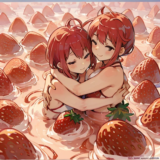 2 girls sleeping,Hoshizora rin,wide thicc hips , leaf bikini, micro bikini, lying on back, sexy pose,blush,(lips:0.6), sleeping,hug, sweating, sweaty body, kiss, saliva trail, saliva string, after kiss