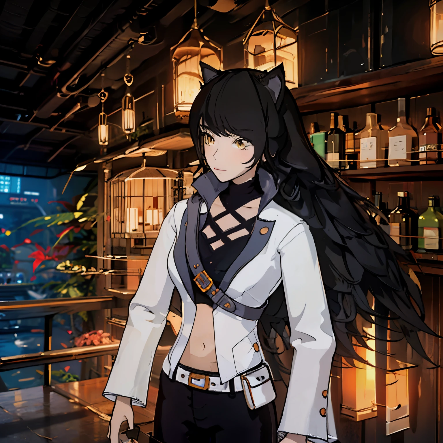 Blake_RWBY, 1girl, solo, black hair, long hair, cat ears, animal ears, yellow eyes, belt, midriff, pants, jacket,