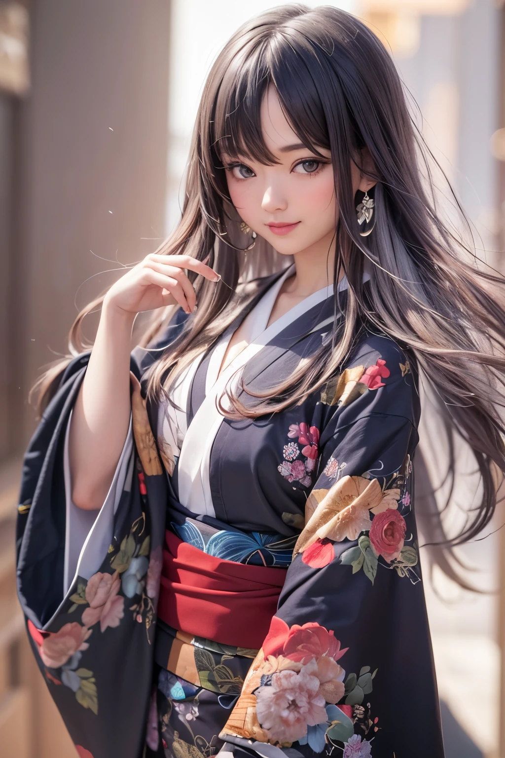 solo, woman, japanese kimono, black hair, long hair, floating hair, shiny hair, jewelry, light smile, detailed beautiful face and eyes, cinematic lighting, jpeg artifacts, Eye-Level Shot, drop shadow, depth of field, hyperrealism, atmospheric perspective, tachi-e, masterpiece, retina, ccurate, best quality, highres, 4K, super detail
