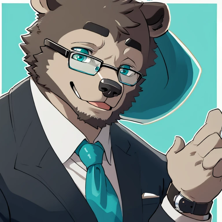 A grizzly bear with grey furr with teal eyes glasses with a watch. Wearing a White undershirt black suit and a cyan ascot