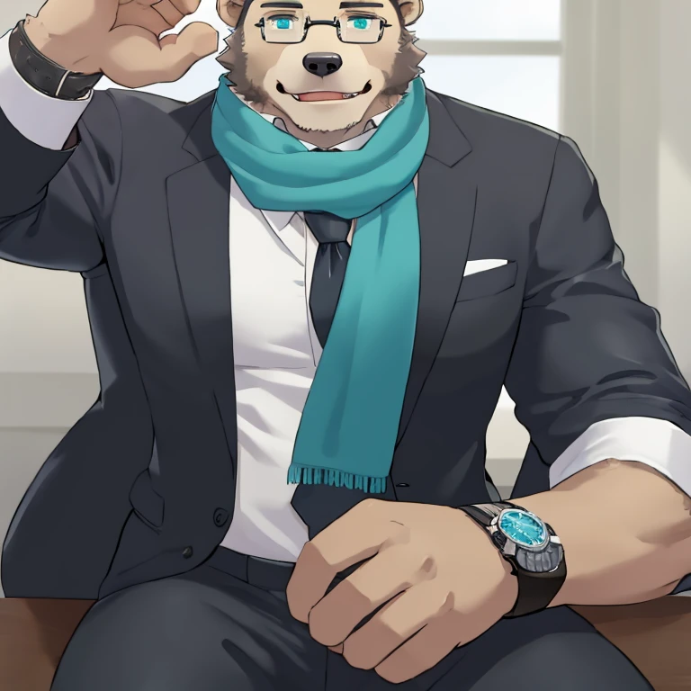 A grizzly bear with grey furr with teal eyes glasses with a watch. Wearing a White undershirt black suit and a cyan ascot