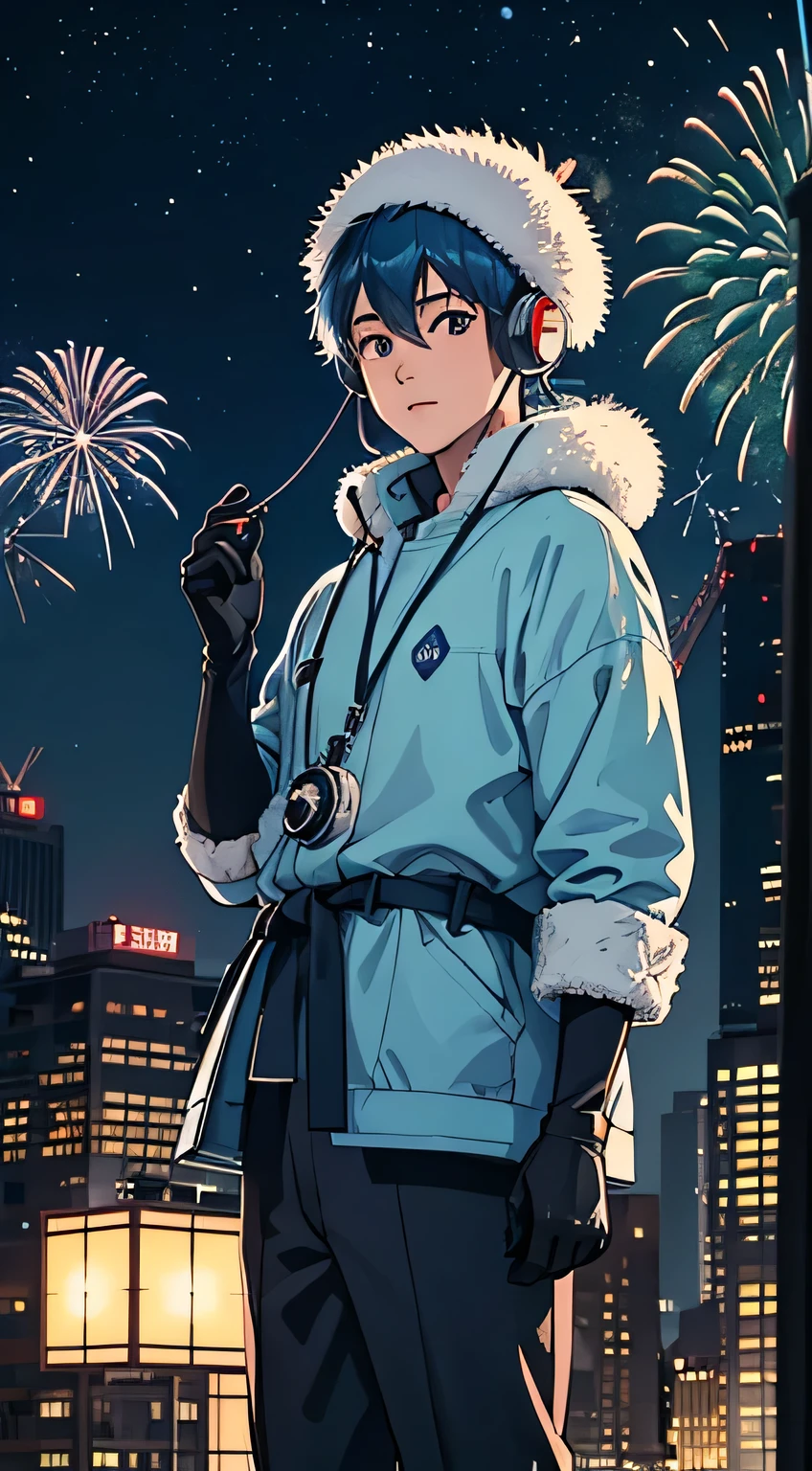 Masterpiece, best quality, super detailed, illustration, lofi relaxed one Japanese boy with headphones and sky blue hair walks in roof of a building in NYC, (helicopter) in roof of building, winter night, beautiful landscape of NYC with statue of liberty, (fireworks) in night sky, travel, tourist. sweater, gloves, winter hat, short hair, new year eve,