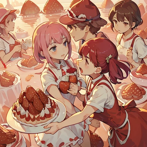 A pastry chef covered in strawberry parfait serving strawberries、Amazing dynamism、Amazing Angle、Unstable buoyancy sandstorm、(((Many friendly strawberries float closely together and chase each other.)))。surround each other'strawberry、