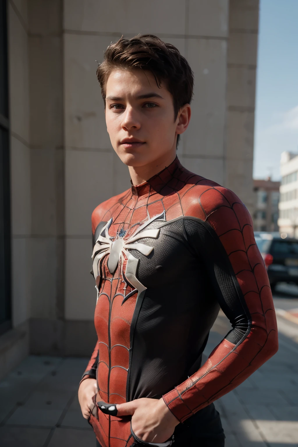 Photo realistic image of a boy 25 years age, wearing Spiderman costume without mask, high quality, 8k, hdr,