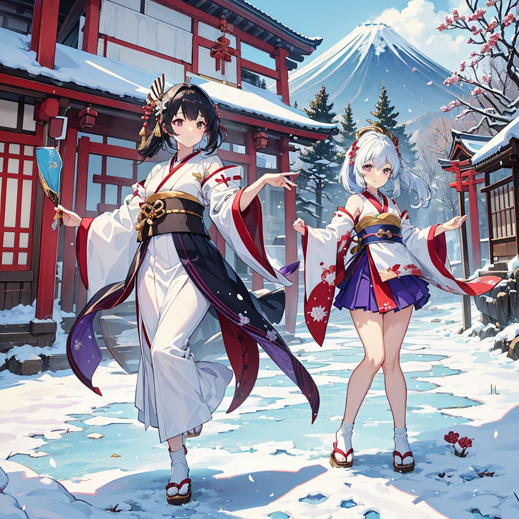 (The first number is Mt Fuji, the second is a big hawk, and the third is an big eggplant, all of which display New Year's congratulations:1.6), ((She holds an eggplant in her hand), (A big hawk is flying in the sky), (In the background is a snow-covered Mt fuji):1.5), Facing forward, Main subjects: Rising dragon and shrine maiden, Bright lighting, Sub subjects: Dancing shrine maidens, Character nationality: Japanese, Character pose: Performing a dance, Character features: Beautiful, Character expression: Joyful and blessed, Character hairstyle: Traditional shrine maiden hairstyle, Character hair color: Black, Character outfit: Traditional shrine maiden attire, Character eyes: Elegant gaze, Character mouth: Smiling, Character eye color: Brown, Character skin texture: Smooth skin, Character skin exposure: Modest exposure, Character bust size: Natural size, Character age: Young, Character body type: Graceful, Character sexuality: Gentle charm, Character accessories: Sacred accessories, Character items: Holding a dance fan, Character footwear: Traditional shrine maiden's sandals, Character embroidery: Delicate embroidery, Surrounding animals/pets: Calm dragon, Location: Shrine precincts, Background: New Year's atmosphere, Background effects: Petals swirling in the air, Background buildings/structures: Traditional shrine, Background natural elements: Blue sky and plum blossoms, Weather: Clear, Time of day: Day, Atmosphere: Sacred and celebratory, (The background is rich and delicate)