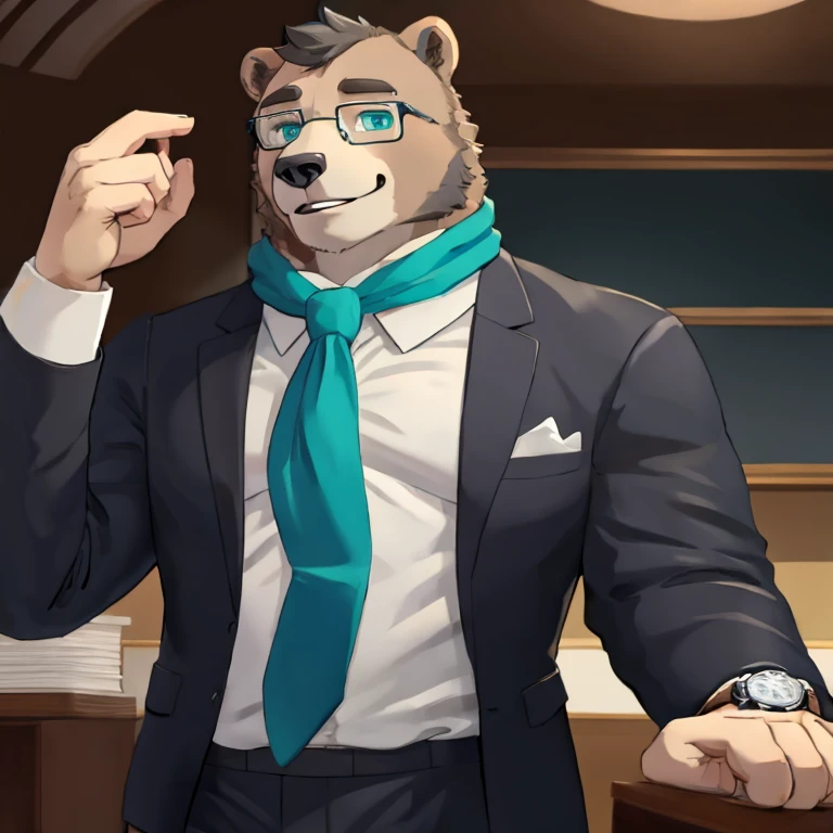 A grizzly bear with grey furr with teal eyes glasses with a watch. Wearing a White undershirt black suit and a cyan ascot