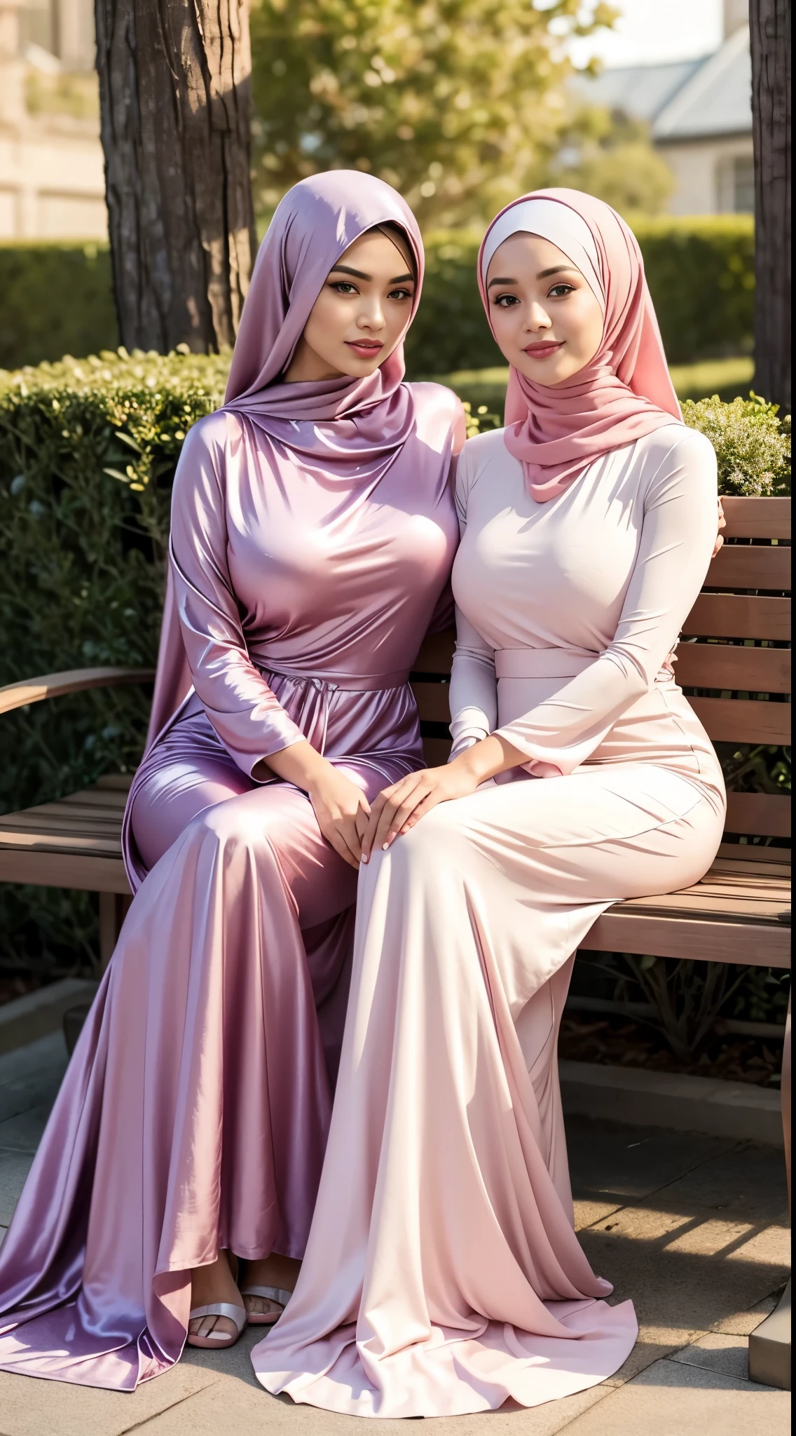 (Close up), RAW, Best quality, high resolution, masterpiece: 1.3), two beautiful Malay woman in hijab,Masterpiece, perfect fit body,(big breast) , big gorgeous eyes,thick thighs, Soft smile,two women in long dresses sitting next to each other, beautiful silky dress, light pink tonalities, sleek robes, in long pink or violet dresses, soft silk dress, silk dress, beautiful soft silky dress, standing and posing elegantly, elegant evening gowns!, ombre velvet gown, wearing an elegant dress, shades of pink, pastel', beautiful shades , she is smiling,Delicate turtleneck, afternoon walk, City garden, Excellent lighting, Bright colors, Clean lines