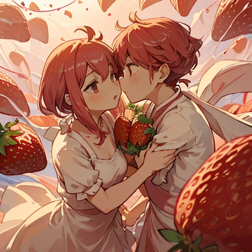 A pastry chef covered in strawberry sauce serving strawberries、Amazing dynamism、Amazing Angle、Unstable buoyancy sandstorm、(((Many friendly strawberries float closely together and chase each other.)))。surround each other'strawberry、