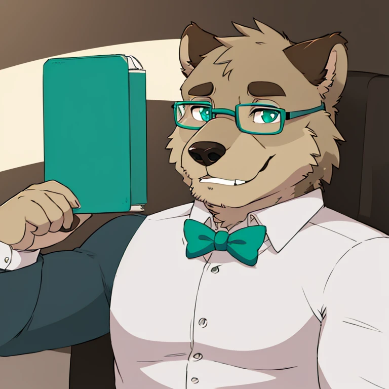 A grizzly bear with grey furr with teal eyes glasses with a watch. Wearing a White undershirt black suit and a cyan ascot