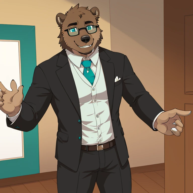 A grizzly bear with grey furr with teal eyes glasses with a watch. Wearing a White undershirt black suit and a cyan ascot