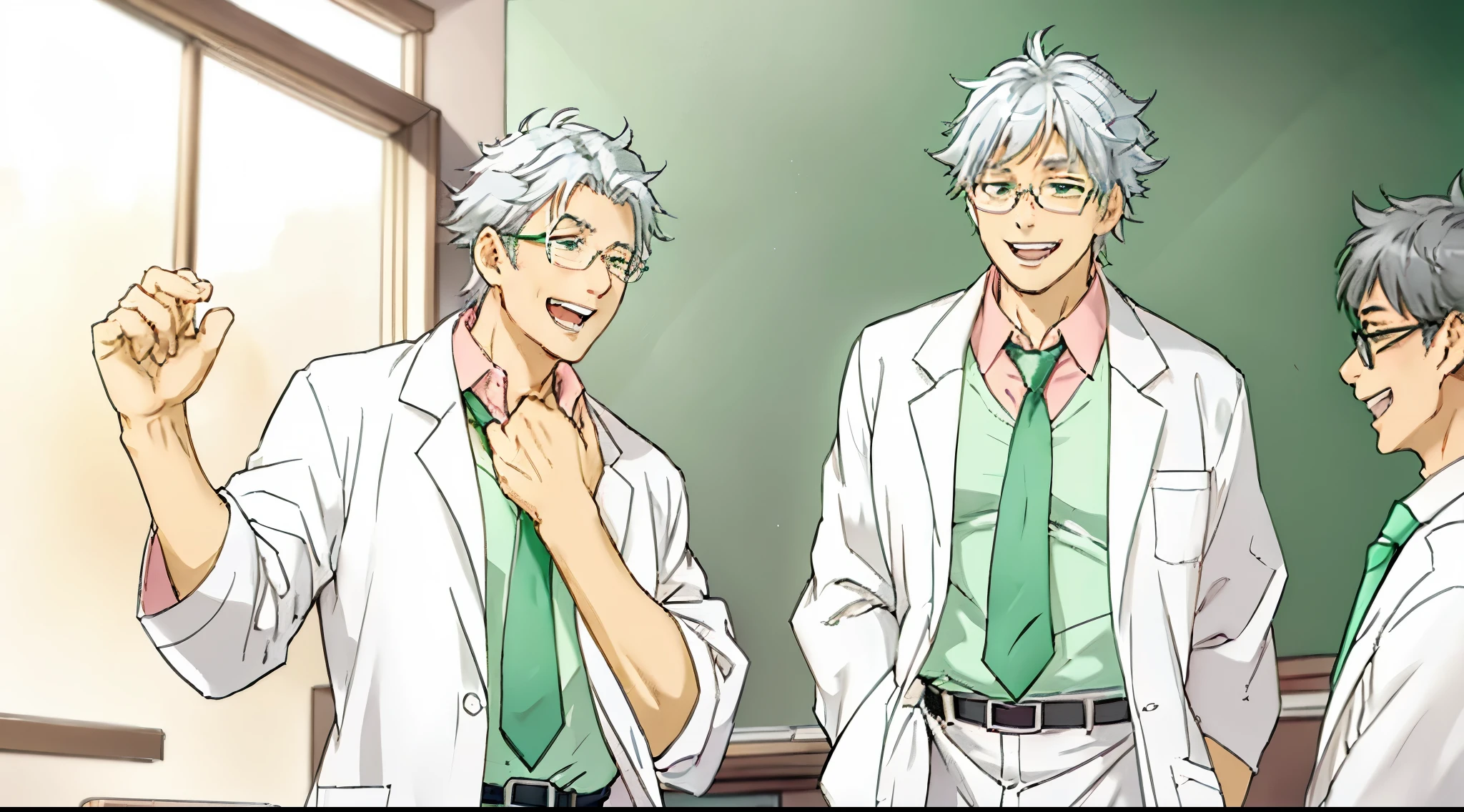 a teacher with a gray hair, he is wearing medical glasses, a lab coat, a green tie and a pink shirt, he is laughing hysterically, his mouth wide open, his hand is placed on his chest as he laughed