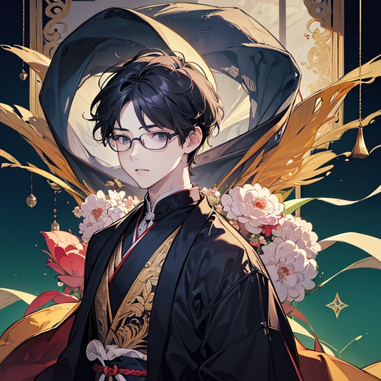 (masterpiece,High quality,Top quality,super detail, best quality ,)hair detail ,skin details,body details,facial details,full body view,1 man,12 years old,Wear glasses,Japanese, handsome,abacus,