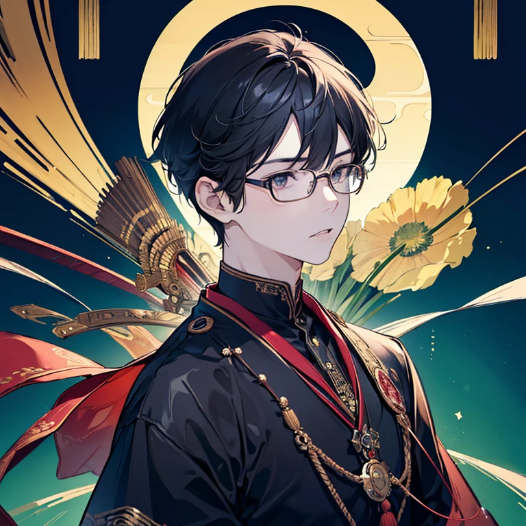 (masterpiece,High quality,Top quality,super detail, best quality ,)hair detail ,skin details,body details,facial details,full body view,1 man,12 years old,Wear glasses,Japanese, handsome,abacus,