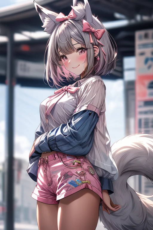 masutepiece, Best Quality, ultra-detailliert, hight resolution, extremely details CG, Face Focus, 1girl in, early , (Gray hair and pink eyes), White sheer shirt, shirt without ribbon, bulging short sleeves, Dark blue shorts, Fluffy animal ears, Bangs, Short hair, Bow, Hair Bow, Pale blue bow, A smile, (fox ear:1.1), bob coo smile), Looking away, No background