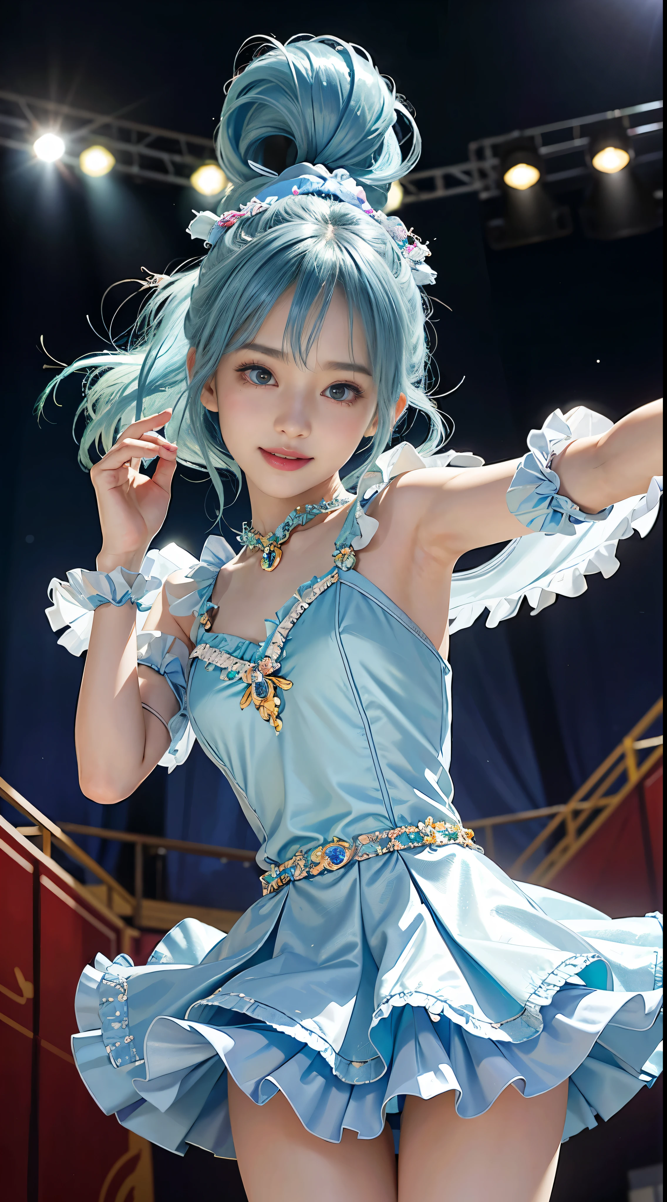 (8K、Raw photography、Photorealsitic:1.25)、1little girl、(16 year old woman with beautiful perfect face、Expressing the joy of dancing with color、Great smile)、Looking at the camera、long eyeslashes、(Red Lip Gloss、Green eyes、Realistic Aine hair、blue hairs、length hair、Twin tails in high position:1.5)、shiny bare skin、Hair shines when the light hits it、鮮やかなblue hairs、top-quality、超A high resolution、(Idol Costumes、Stage costumes with many jewels shining、frilly outfit:1.5)、Bask in the lights on the stage、a miniskirt、Photograph the whole body、Reduce depth of field、