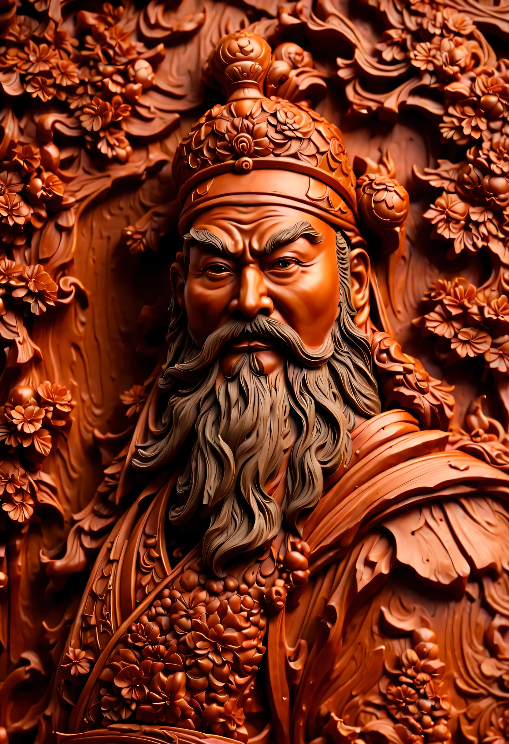 Wood carving of Guan Yu looking at the Spring and Autumn Period,hero pose,Carmine,Smooth surface,(bottom corner half body),Edge lights,Wood grain background,comic strip,Dreamy imagery,chineseidol,The content is very detailed,art stations,8K,gentlesoftlighting,subdued contrasts,Incredible art