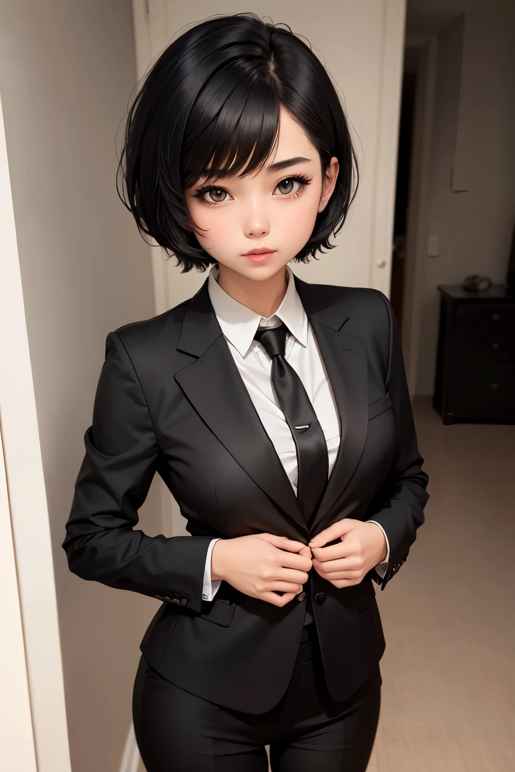 cute girl, Short black hair, wearing a black formal suit, sexy