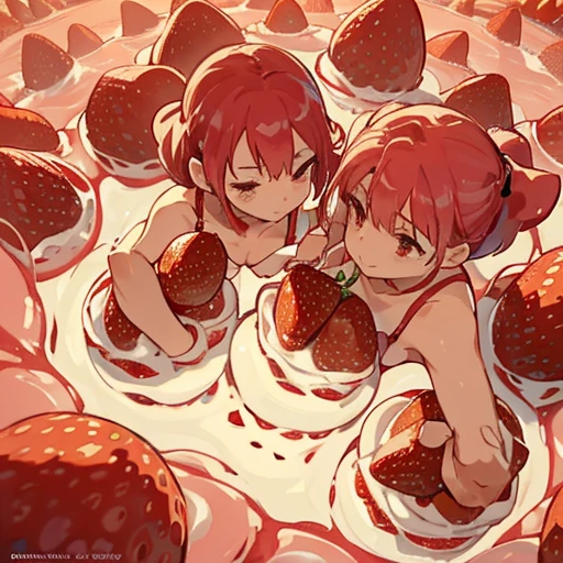 A pastry chef covered in strawberry jam serving strawberries、Amazing dynamism、Amazing Angle、Unstable buoyancy sandstorm、(((Many friendly strawberries float closely together and chase each other.)))。surround each other'strawberry、