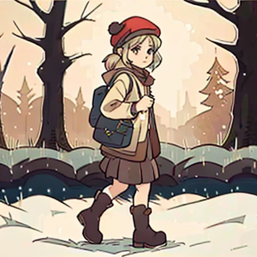 Young short finnish girl, blonde short hair, brown eyes, brown cross bag, long grey winter coat, long nay blue skirt, black winter boots, red british style beret hat, traveling alone, far away from the picture, winter forrest