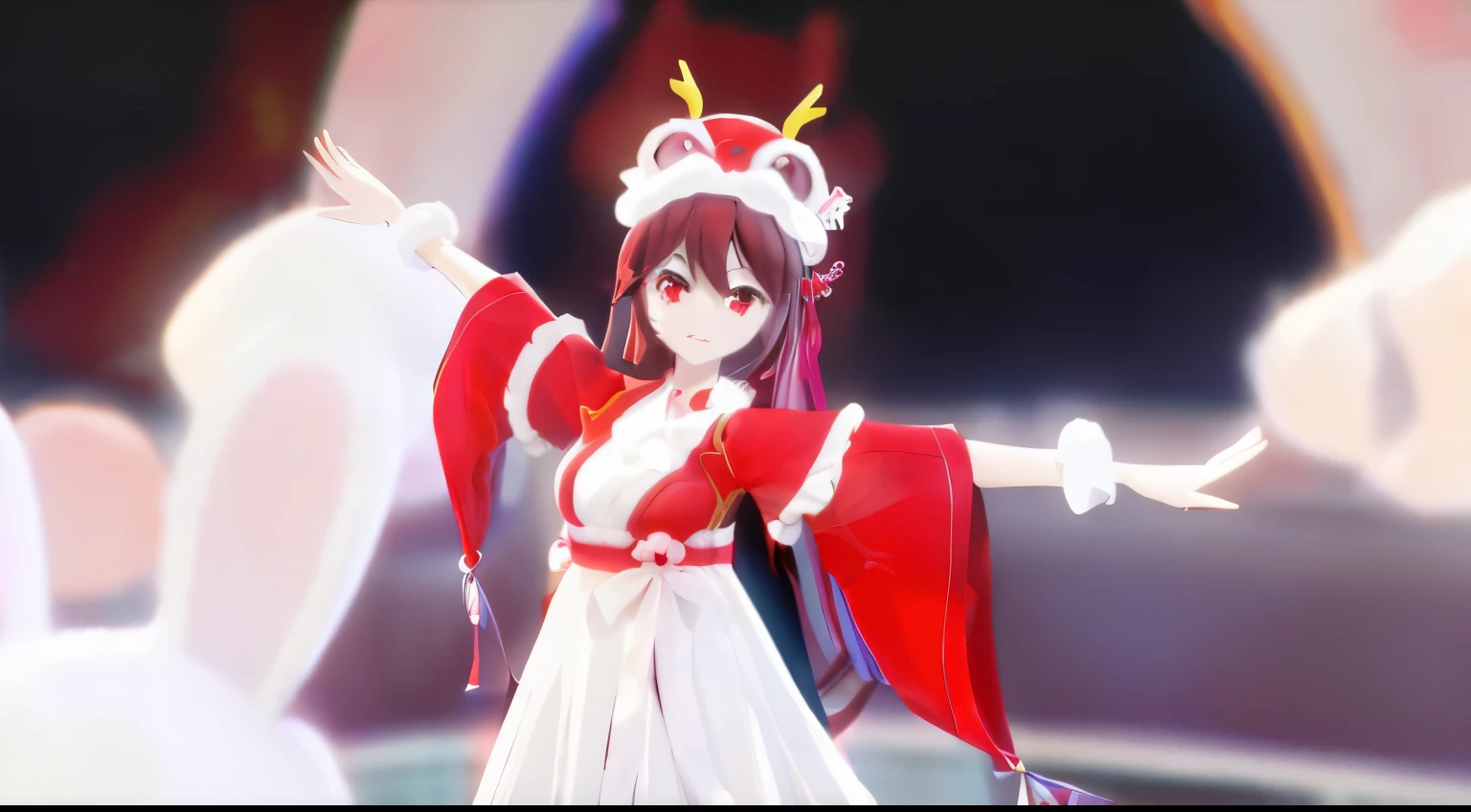 Wearing a red and white skirt、Anime girl wearing a Chinese dragon hat, style of anime2d, Rendering of a cute 2D anime girl, stylized anime, style of anime. 8K,Anime cute art style, 8K!