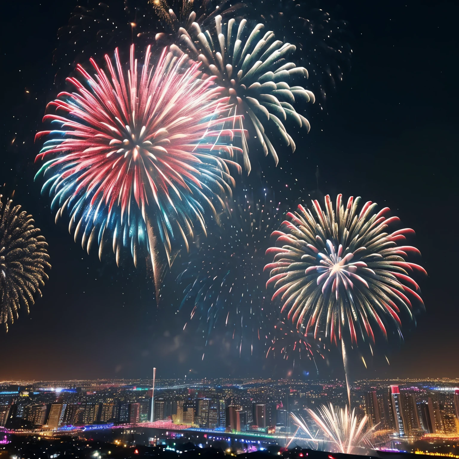 text:“2024 HAPPY NEW YEAR”, (best quality, 32k, RAW photo, incredibly absurdres, extremely detailed), the beginning of the new year, (big iridescent fireworks:1.3), gold, white and red confetti shining in the night sky, (delicate, flashy and dynamic depiction)