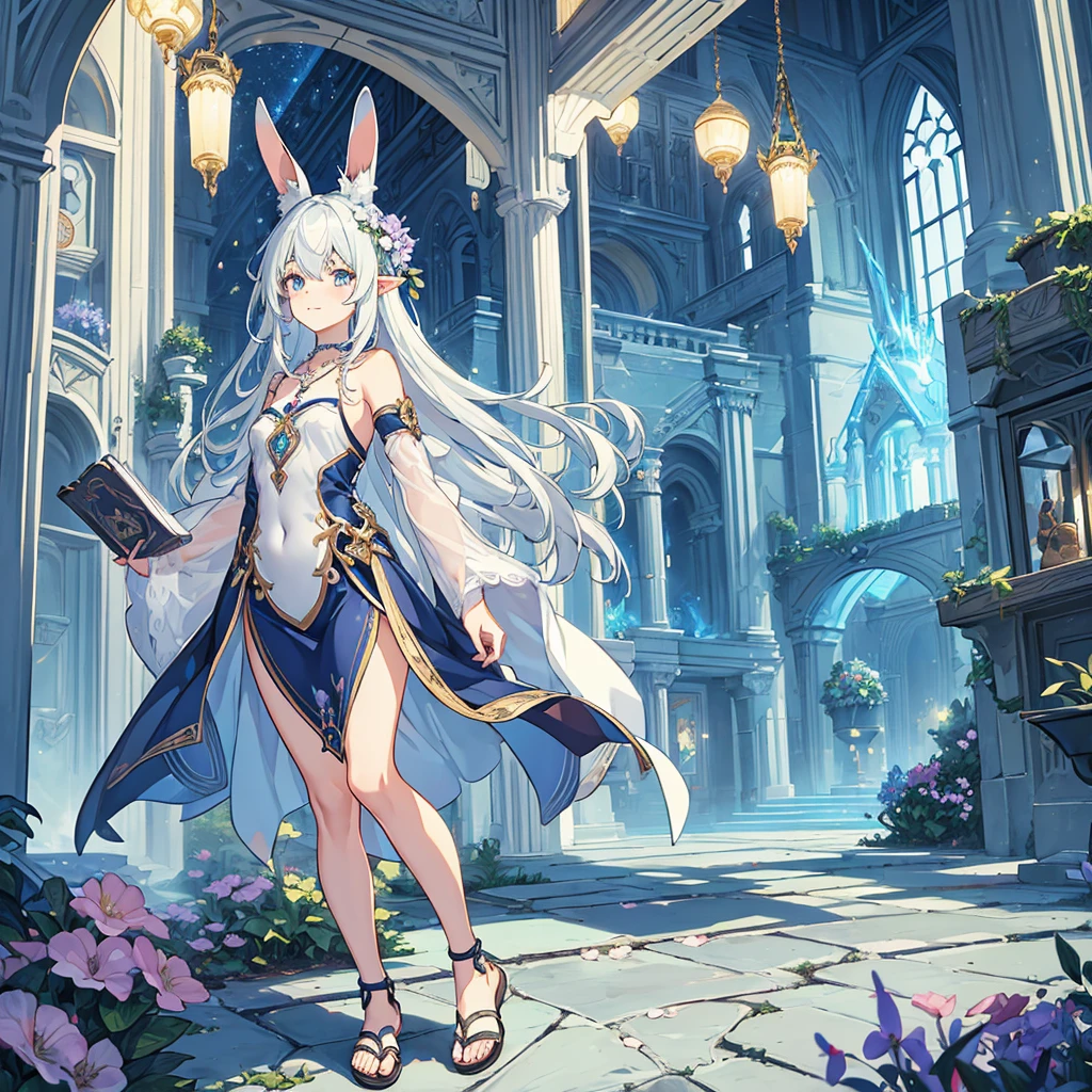High-quality, High-resolution, Realistic Anime Style, Chaotic Main Color, Top-down Camera Angle, Full-body Subject Range, Looking back angle, Front-facing Subject Orientation, (rabbit ears and tail), Mysterious elf Girl Standing in a Chaotic Background, Ethereal Lighting, Strange creatures as Sub Subjects, Still Pose, Beautiful Facial Features, Wonderous Smile Expression, Long Straight Hair, platinum Hair Color, Casual Fantasy Outfit, Large Eyes, Small Mouth, Light Blue Eye Color, Smooth Skin Texture, Exposed Skin with Sleeveless Top, Moderate Bust Size, Young Age, Slim Body Type, Subtly Alluring, Shell Necklace as an Accessory, Holding a erotic thin notebook, Wearing Sandals, Flower Embroidery, Surrounding Colorful animals and little Birds, Mysterious Space Location, Cluttered and Mysterious Objects Overflowing in the Background, Softly Glowing Lights as Background Effects, Unknown Structures in the Background, Flying Petals and Enchanting Plants as Natural Elements, Clear Weather, Daytime Atmosphere, (Labyrinth Suite, Final Fantasy, Love Plus, labyrinth suite, awake inheritance, Enchanted Legend:1.2), (Drawings are rich and delicate:1.3), (Illusion Trick Art:1.4),