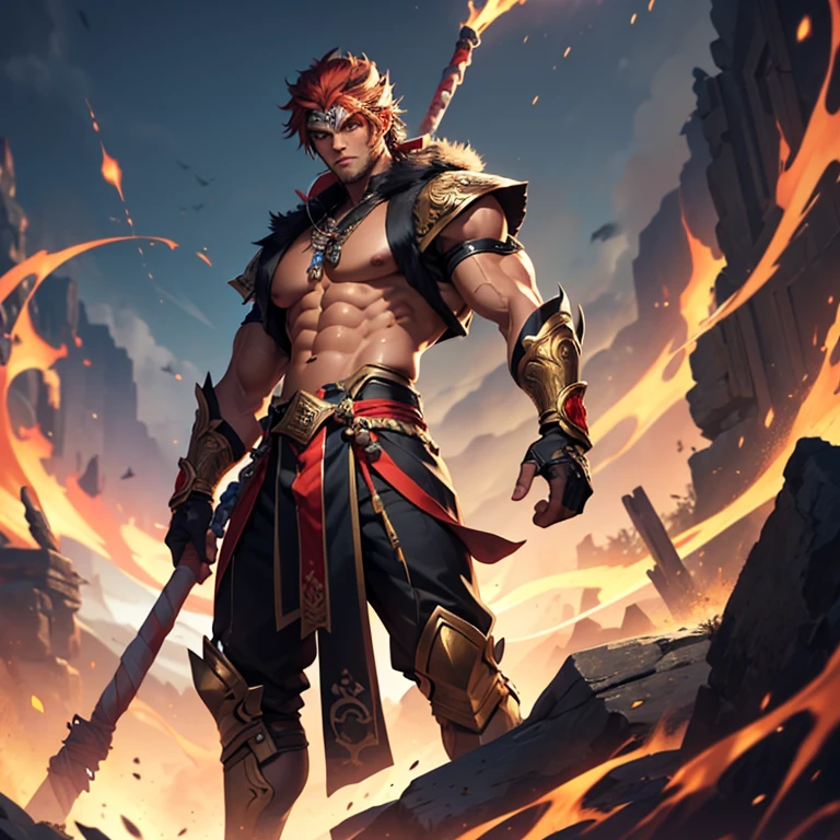 (masterpiece,High quality,Top quality,super detail, best quality ,)hair detail ,skin details,body details,facial details,full body view,1 man,wukong,handsome,Tall body,blackjack,