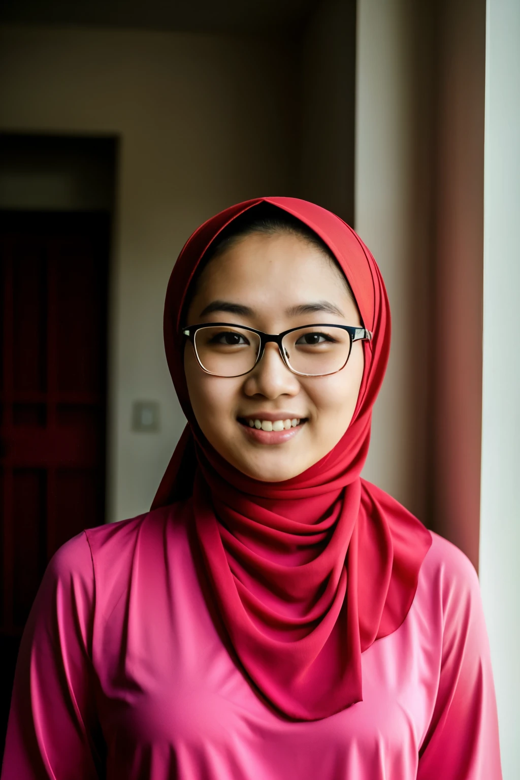 RAW photo, face portrait photo of beautiful 18 to 22 y.o indonesian-chinese woman, cute face, wearing pink hijabi, red frame glasses, happy face, hard shadows, cinematic shot, dramatic lighting