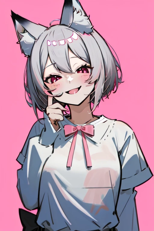 masutepiece, Best Quality, ultra-detailliert, hight resolution, extremely details CG, Face Focus, 1girl in, early , (Gray hair and pink eyes), White sheer shirt,  shirt without ribbon, Fluffy animal ears, Bangs, Short hair, Bow, Hair Bow, Pale blue bow, A smile, (fox ear:1.1), bob coo smile), a park,