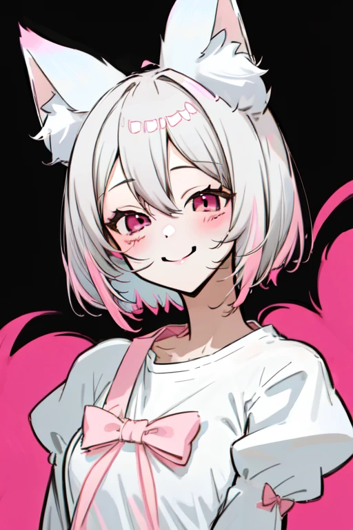 masutepiece, Best Quality, ultra-detailliert, hight resolution, extremely details CG, Face Focus, 1girl in, early , (Gray hair and pink eyes), White sheer shirt,  shirt without ribbon, Fluffy animal ears, Bangs, Short hair, Bow, Hair Bow, Pale blue bow, A smile, (fox ear:1.1), bob coo smile), a park,