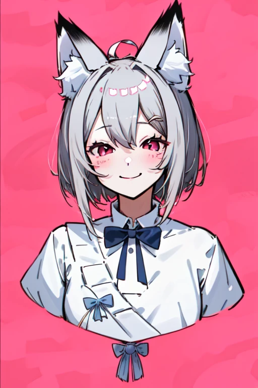 masutepiece, Best Quality, ultra-detailliert, hight resolution, extremely details CG, Face Focus, 1girl in, early , (Gray hair and pink eyes), White sheer shirt,  shirt without ribbon, Fluffy animal ears, Bangs, Short hair, Bow, Hair Bow, Pale blue bow, A smile, (fox ear:1.1), bob coo smile), a park,