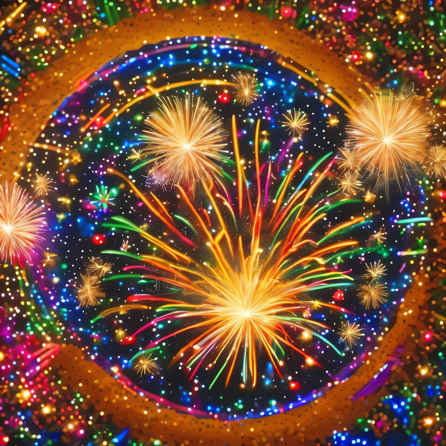 text:“2024 HAPPY NEW YEAR”, (best quality, 32k, RAW photo, incredibly absurdres, extremely detailed), the beginning of the new year, (big iridescent fireworks:1.3), gold, white and red confetti shining in the night sky, (delicate, flashy and dynamic depiction)